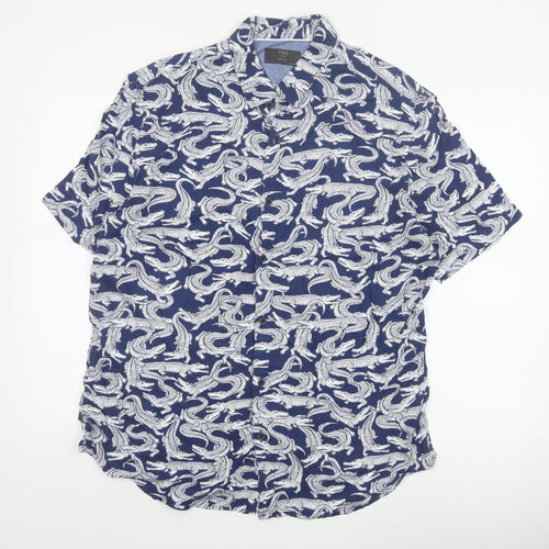 Marks and Spencer Men Blue L Crocodile Print Viscose Short Sleeve Shirt