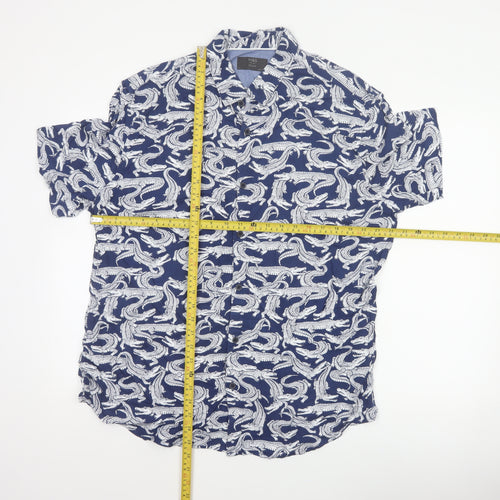 Marks and Spencer Men Blue L Crocodile Print Viscose Short Sleeve Shirt