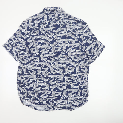 Marks and Spencer Men Blue L Crocodile Print Viscose Short Sleeve Shirt