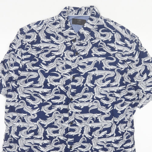 Marks and Spencer Men Blue L Crocodile Print Viscose Short Sleeve Shirt