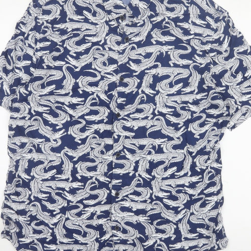 Marks and Spencer Men Blue L Crocodile Print Viscose Short Sleeve Shirt