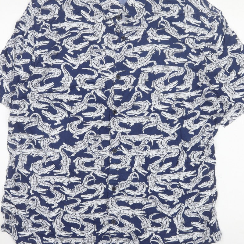 Marks and Spencer Men Blue L Crocodile Print Viscose Short Sleeve Shirt