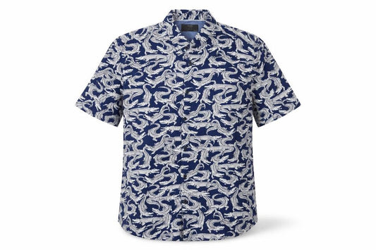 Front view of Marks and Spencer Men Blue L Crocodile Print Viscose Short Sleeve Shirt