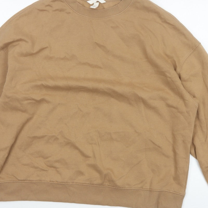H&M Women Beige M Pullover Sweatshirt Crew Neck Fleece Cotton Blend