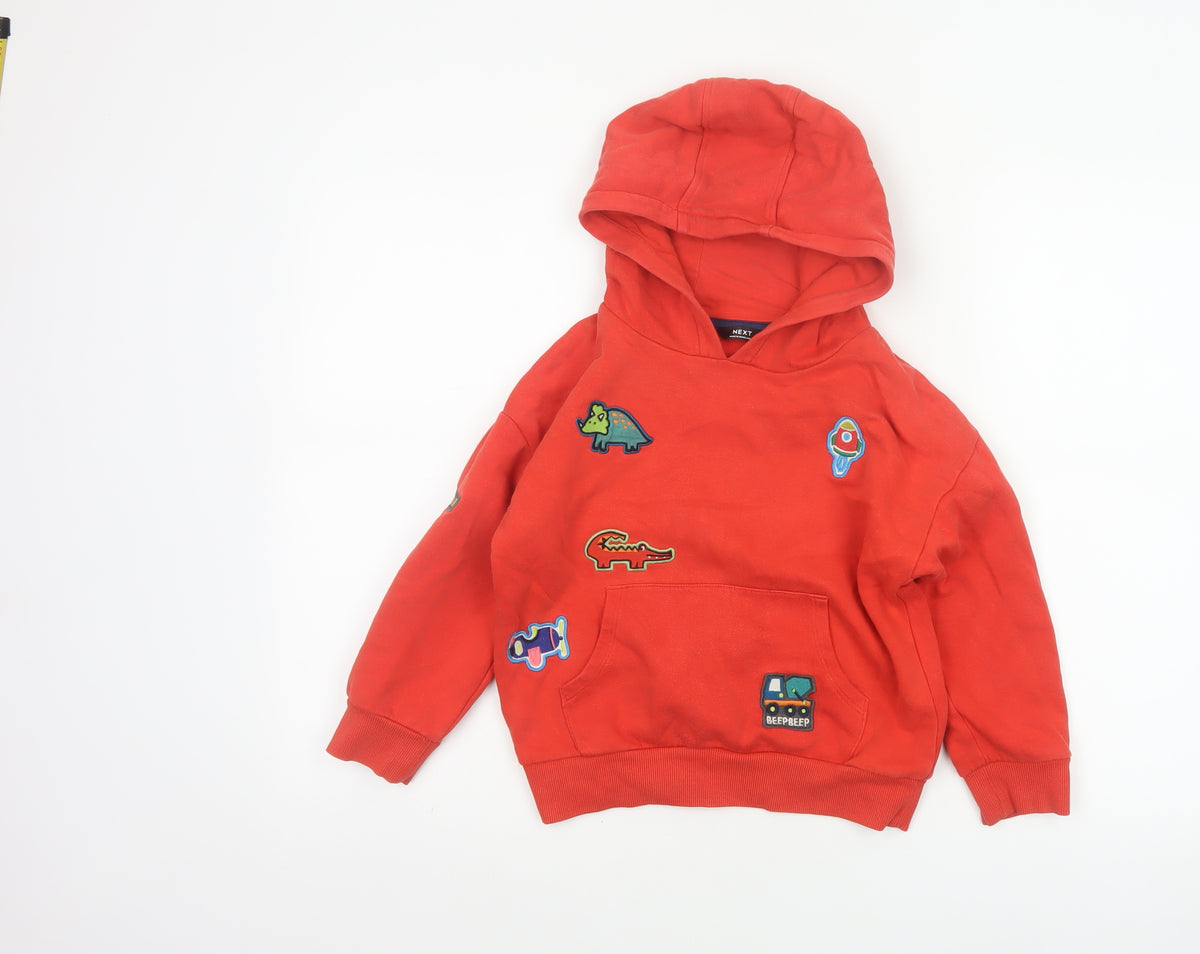 Back view of Next unisex kids red 5-6 years pullover hoodie dinosaur patches
