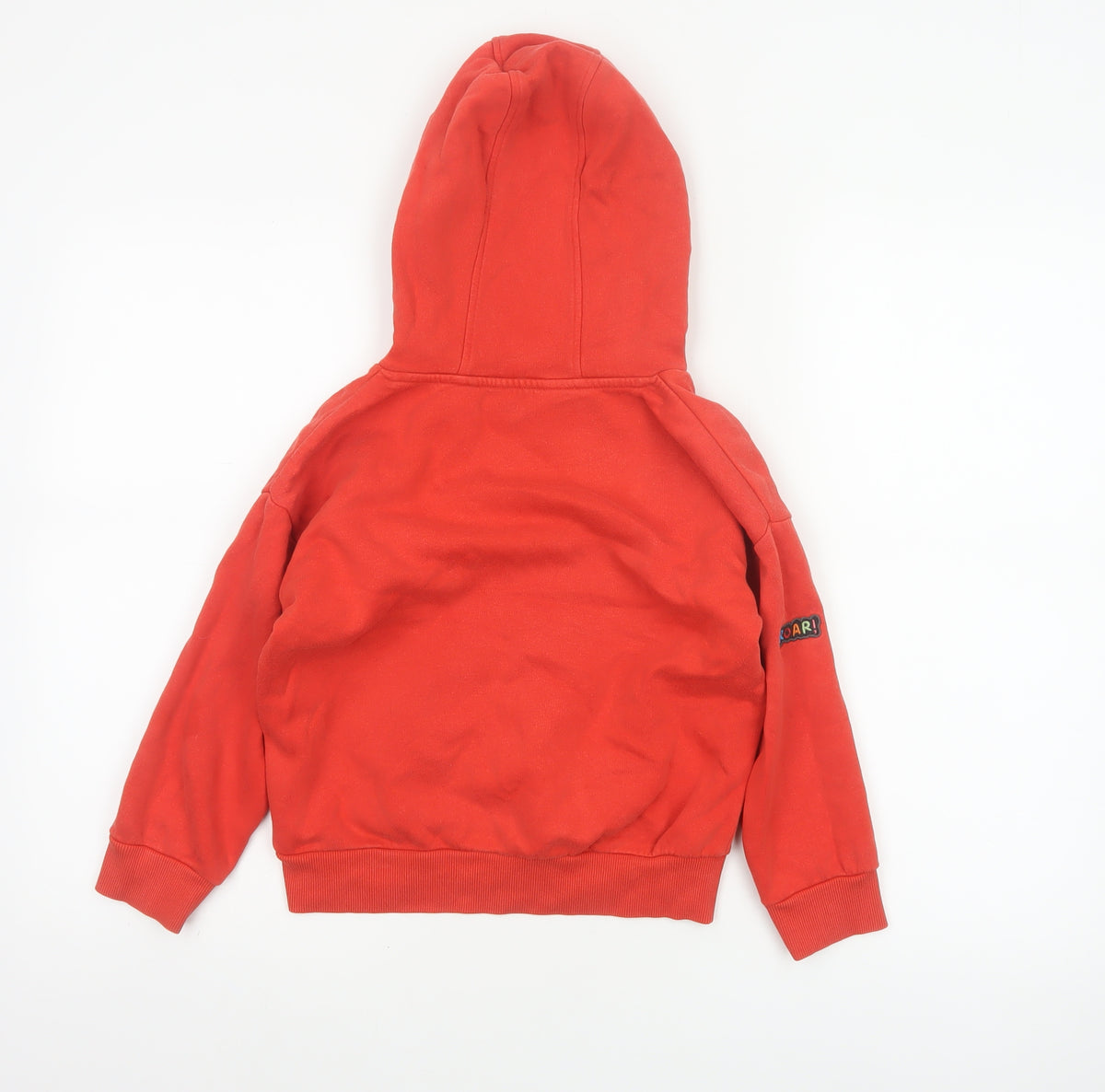 Brand and care label for Next unisex kids red 5-6 years pullover hoodie dinosaur patches