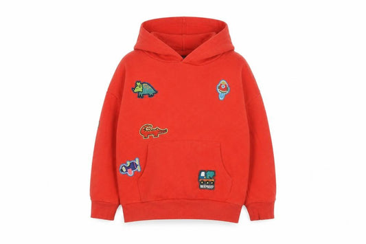 Front view of Next unisex kids red 5-6 years pullover hoodie dinosaur patches