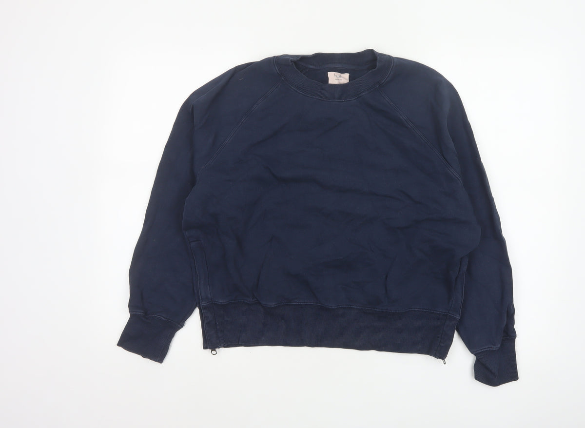 Back view of Hush Women’s Navy Blue S Pullover Crew Neck Raglan Sweatshirt Zip Pockets