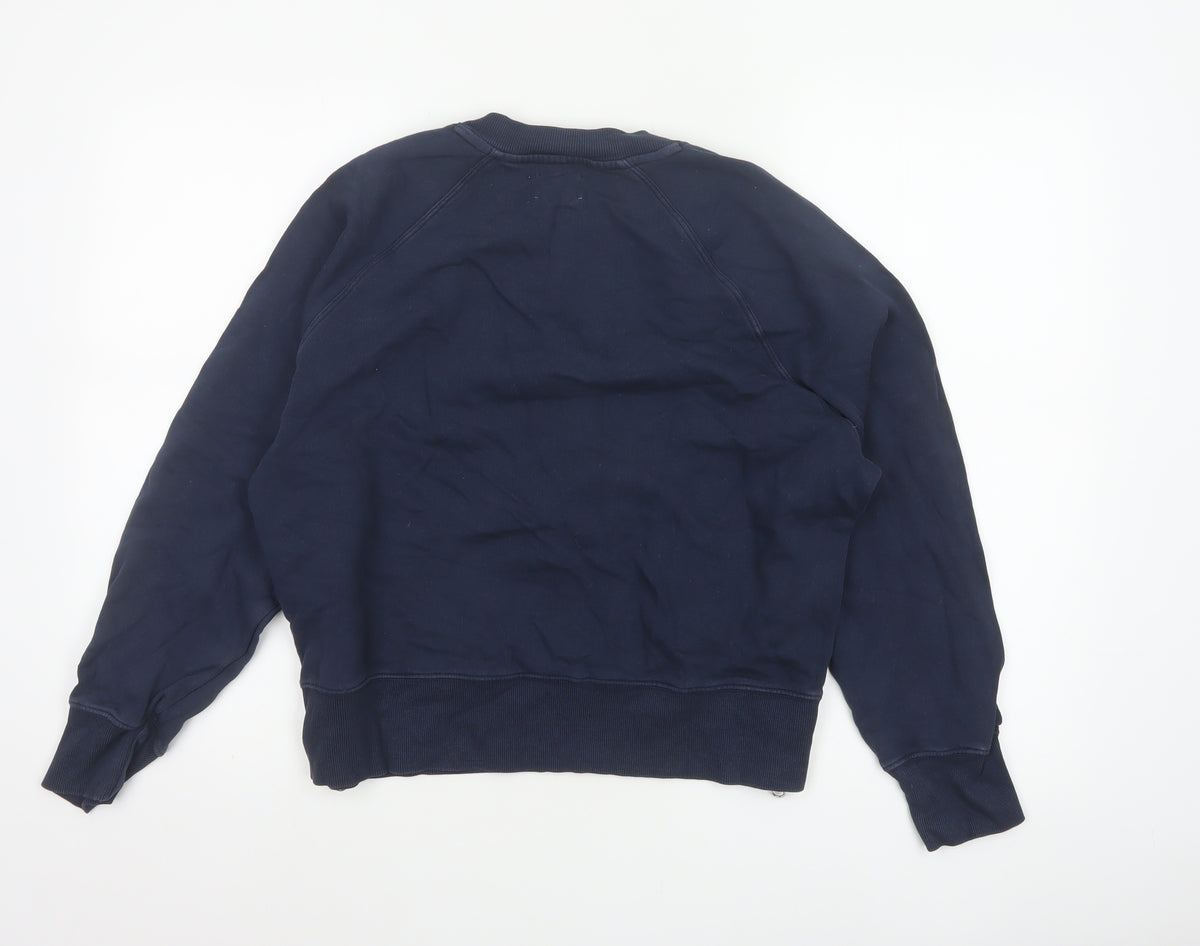 Brand and care label for Hush Women’s Navy Blue S Pullover Crew Neck Raglan Sweatshirt Zip Pockets