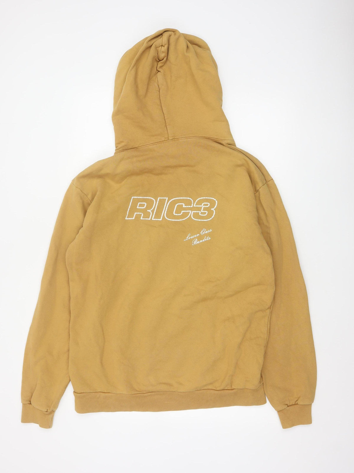 Brand and care label for RIC3 Men’s Brown M Pullover Hoodie Rose Graphic Print Logo
