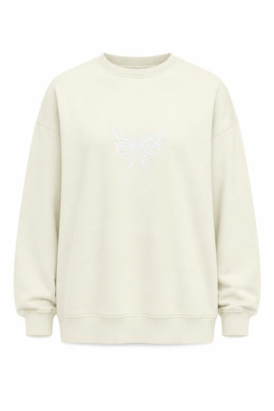 Front view of Motel Women’s Ivory XS Oversized Embroidered Tribal Sweatshirt