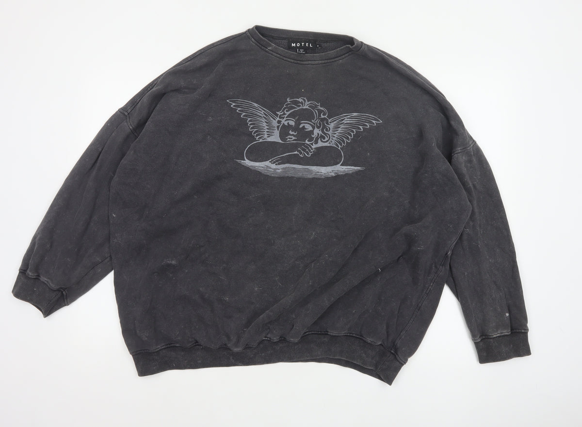 Back view of Motel Women Black S Angel Graphic Oversized Pullover Sweatshirt