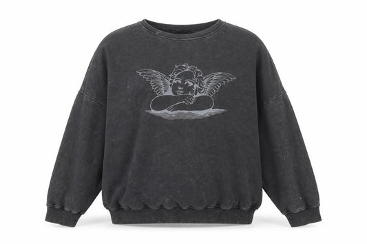 Front view of Motel Women Black S Angel Graphic Oversized Pullover Sweatshirt