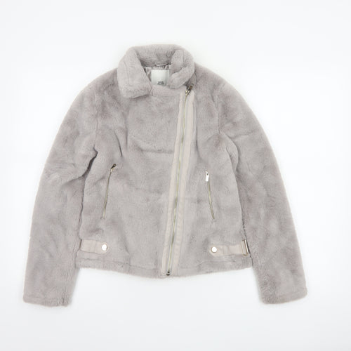 River Island Girls Grey 11-12 Years Faux Fur Biker Jacket Zip