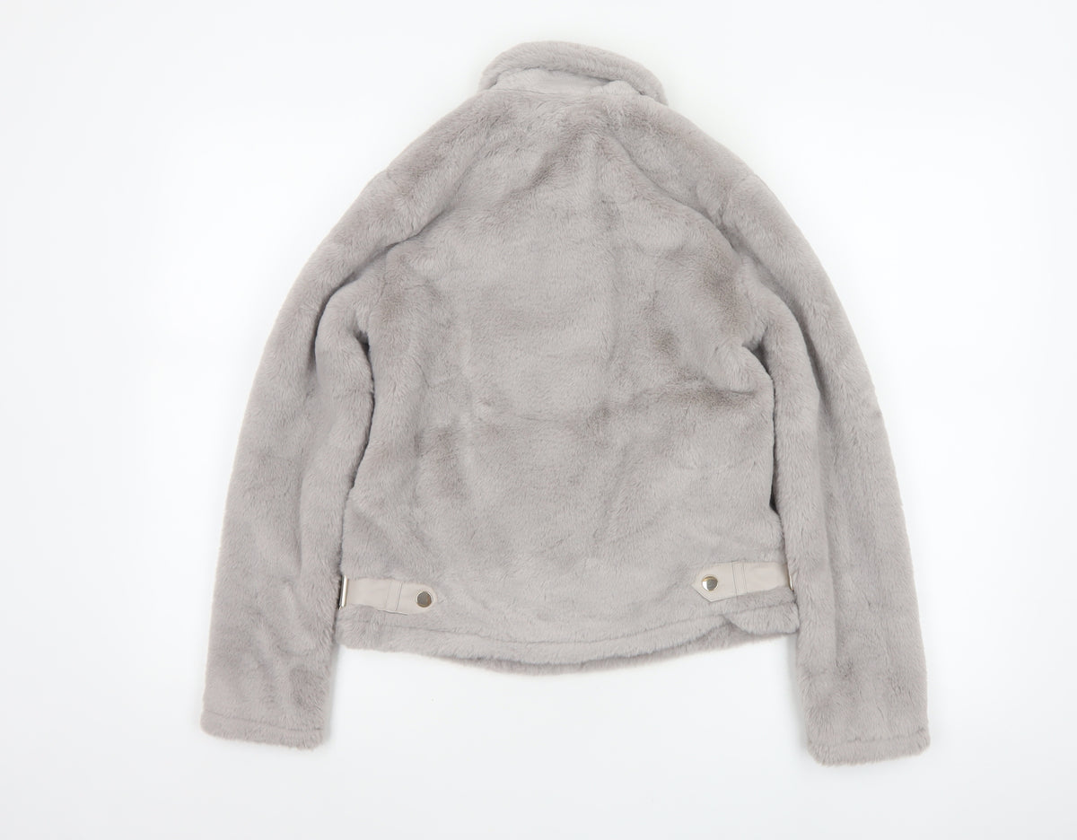 River Island Girls Grey 11-12 Years Faux Fur Biker Jacket Zip