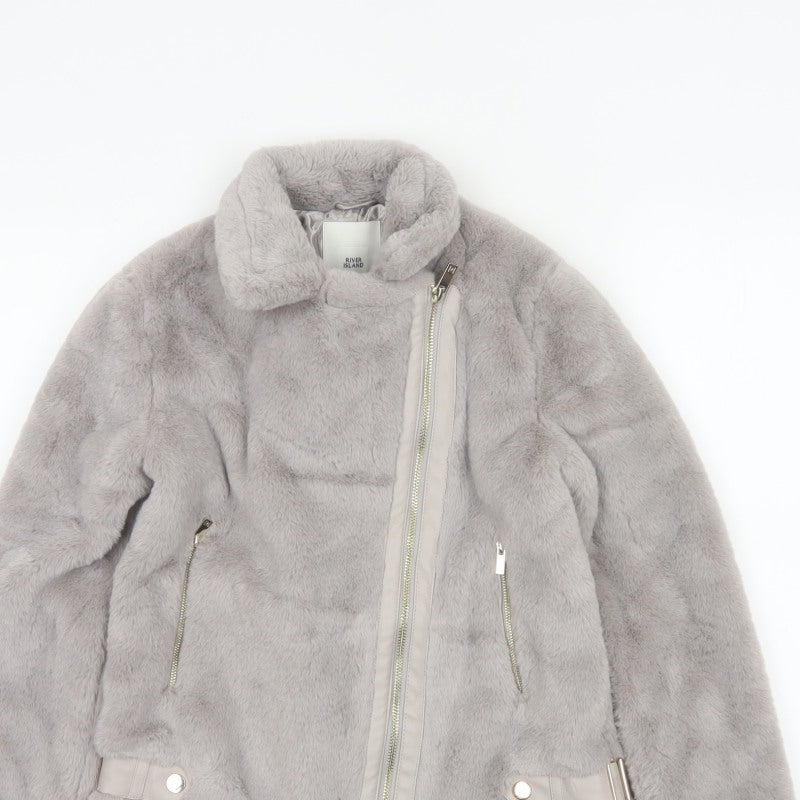 River Island Girls Grey 11-12 Years Faux Fur Biker Jacket Zip