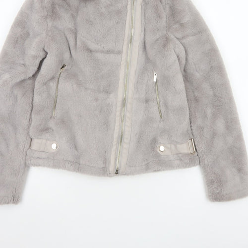River Island Girls Grey 11-12 Years Faux Fur Biker Jacket Zip
