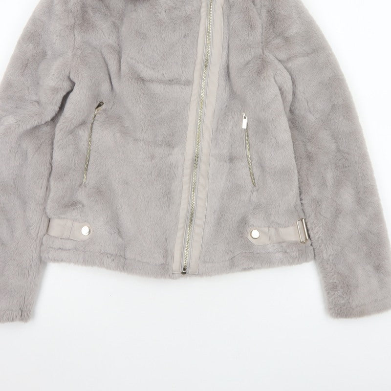 River Island Girls Grey 11-12 Years Faux Fur Biker Jacket Zip