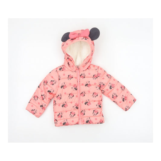 Front view of Disney Baby girls’ pink 12-18 months minnie mouse hooded puffer jacket