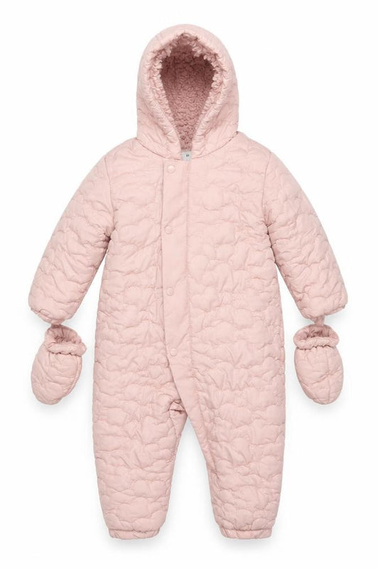 Front view of M&S girls’ pink 3-6 months quilted hooded padded snowsuit