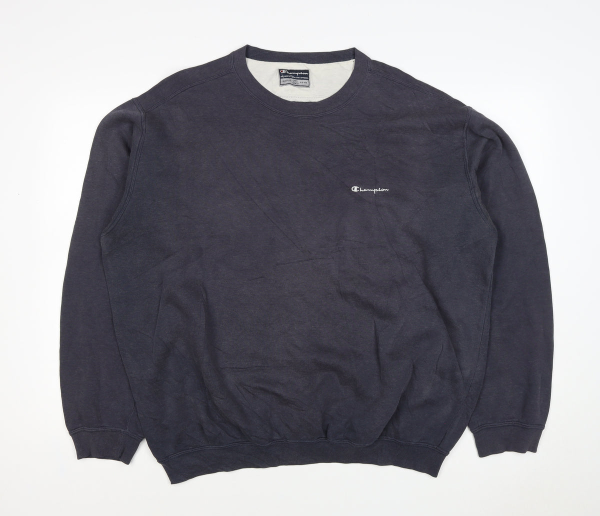 Back view of Champion Men Blue XL Vintage Crew Neck Logo Pullover Sweatshirt