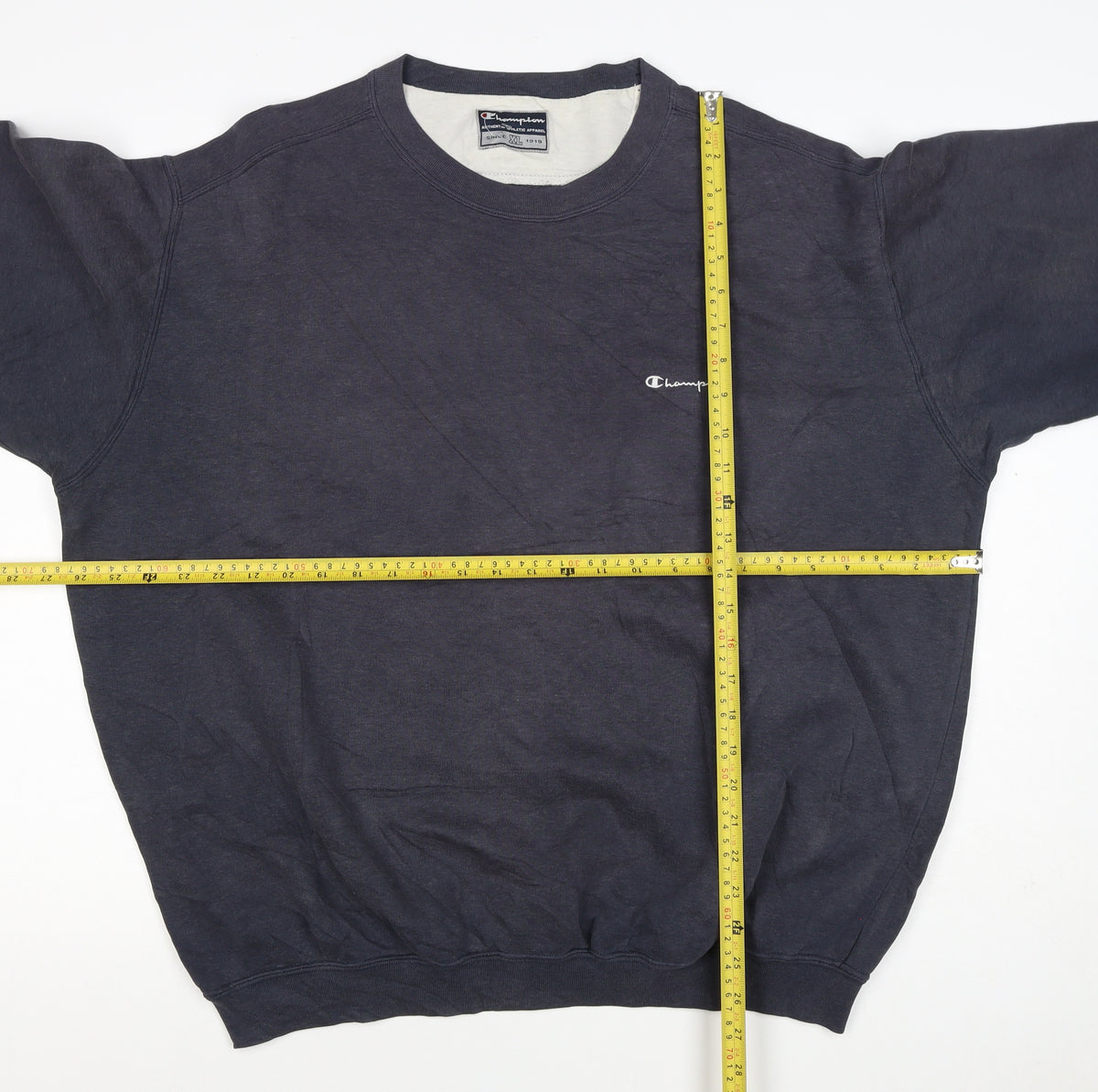 Brand and care label for Champion Men Blue XL Vintage Crew Neck Logo Pullover Sweatshirt
