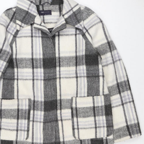 M&S Women Grey Plaid Wool Blend Mid-Length Open Coat Size 14
