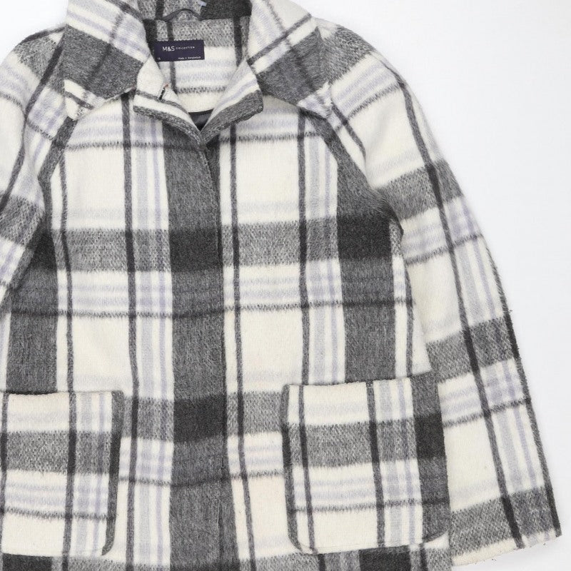 M&S Women Grey Plaid Wool Blend Mid-Length Open Coat Size 14