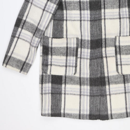 M&S Women Grey Plaid Wool Blend Mid-Length Open Coat Size 14
