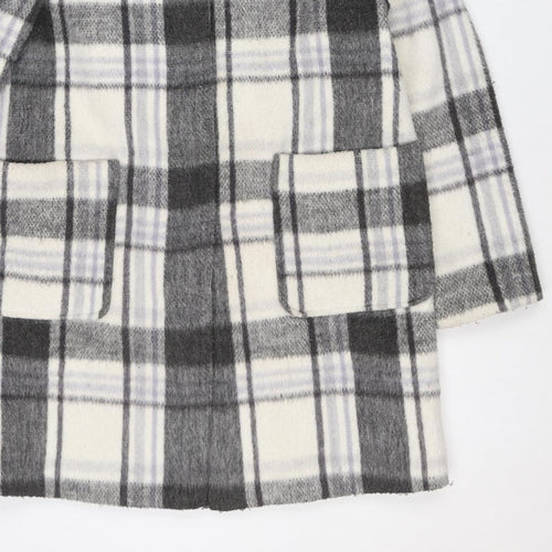 M&S Women Grey Plaid Wool Blend Mid-Length Open Coat Size 14
