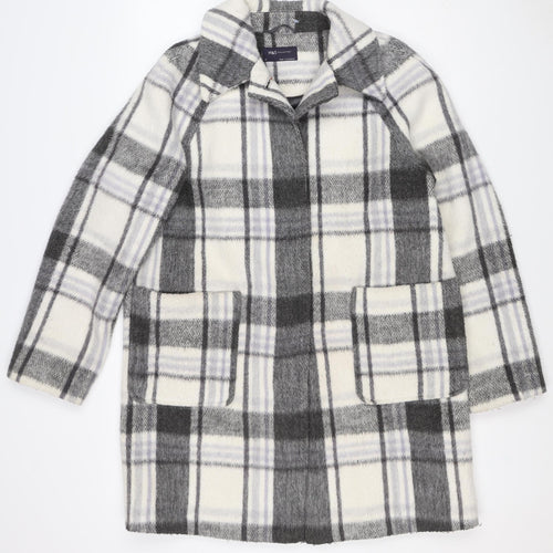 M&S Women Grey Plaid Wool Blend Mid-Length Open Coat Size 14