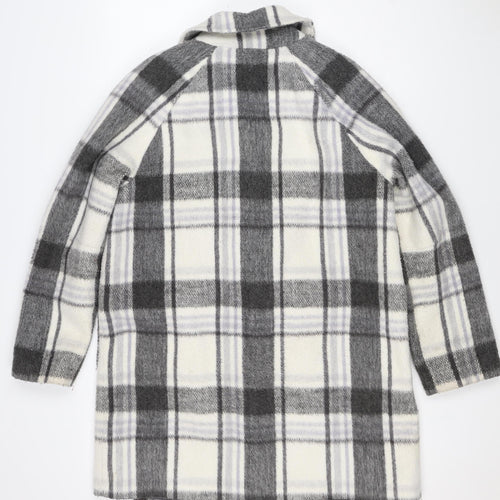 M&S Women Grey Plaid Wool Blend Mid-Length Open Coat Size 14