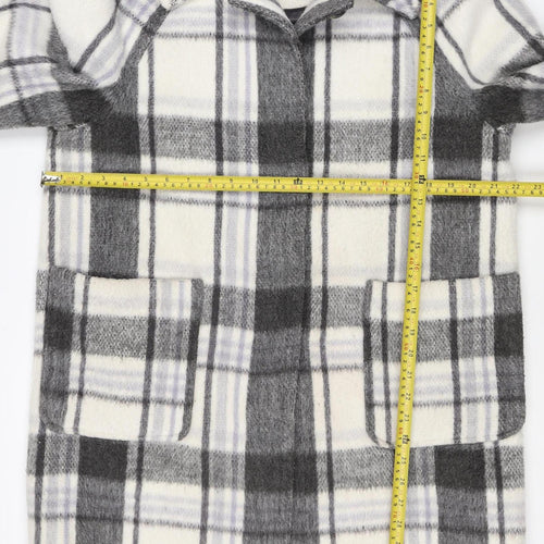 M&S Women Grey Plaid Wool Blend Mid-Length Open Coat Size 14