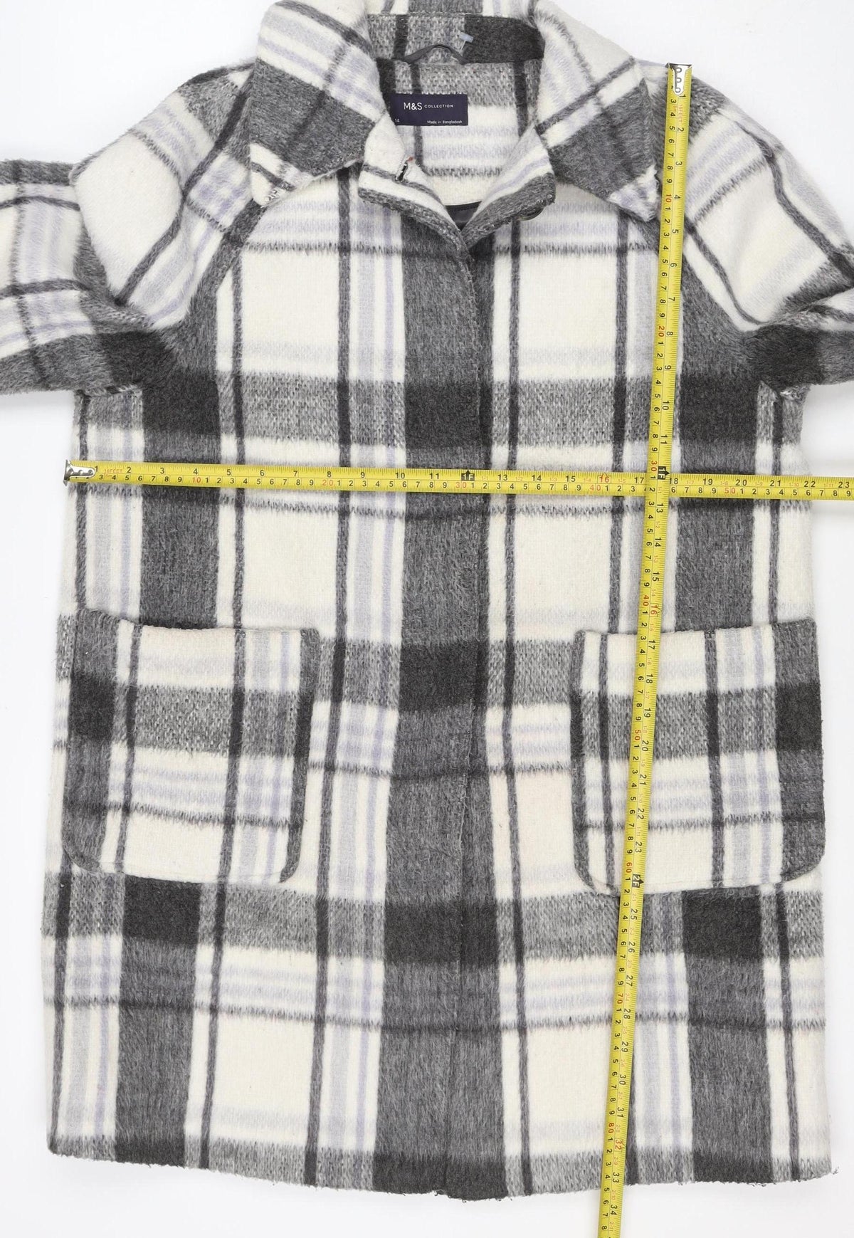 M&S Women Grey Plaid Wool Blend Mid-Length Open Coat Size 14