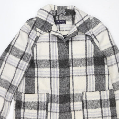 M&S Women Grey Plaid Wool Blend Mid-Length Open Coat Size 14