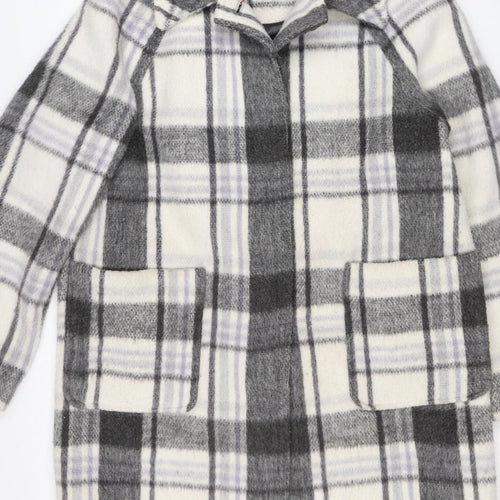 M&S Women Grey Plaid Wool Blend Mid-Length Open Coat Size 14