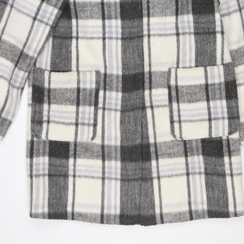 M&S Women Grey Plaid Wool Blend Mid-Length Open Coat Size 14