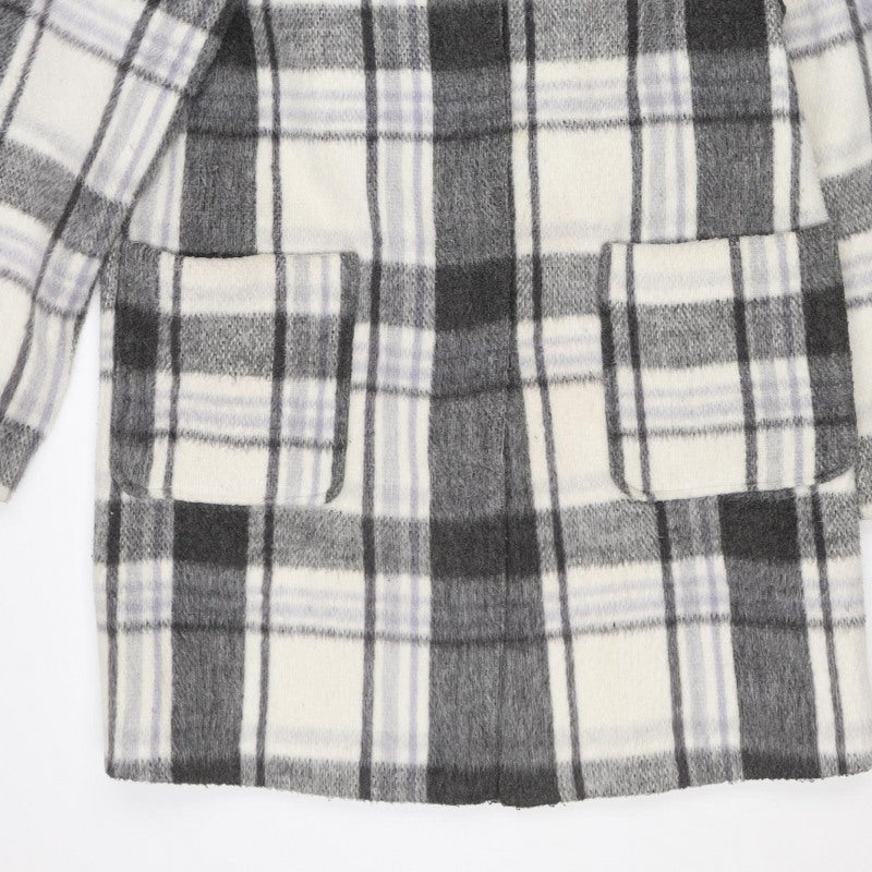 M&S Women Grey Plaid Wool Blend Mid-Length Open Coat Size 14