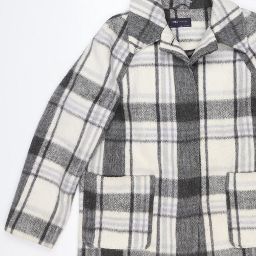 M&S Women Grey Plaid Wool Blend Mid-Length Open Coat Size 14
