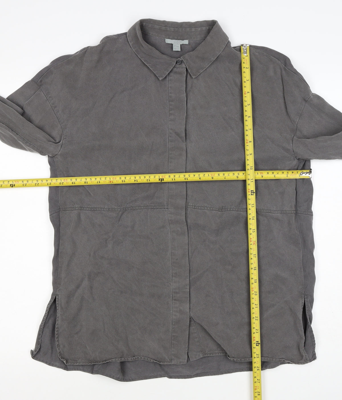 Brand and care label for COS Men Grey S Lyocell Relaxed Long Sleeve Button-Up Shirt