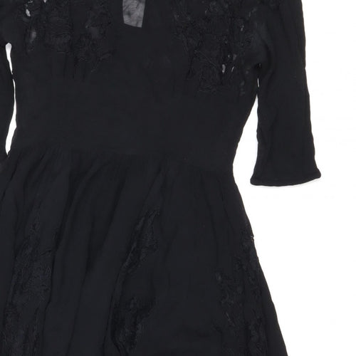 Topshop Women Black UK 10 Silk Lace Floral Fit & Flare Dress