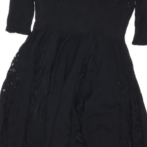 Topshop Women Black UK 10 Silk Lace Floral Fit & Flare Dress