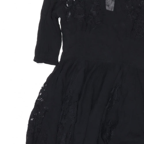 Topshop Women Black UK 10 Silk Lace Floral Fit & Flare Dress