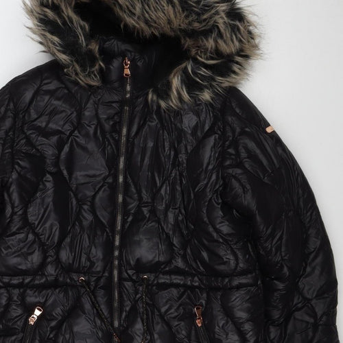 Next Girls Black 12 Years Puffer Coat Faux Fur Hood Quilted