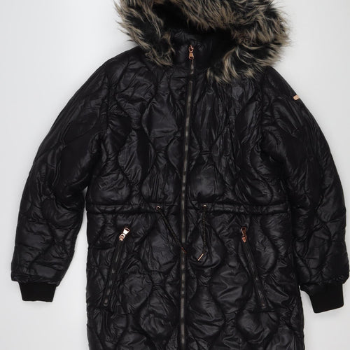 Next Girls Black 12 Years Puffer Coat Faux Fur Hood Quilted