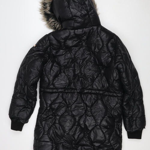 Next Girls Black 12 Years Puffer Coat Faux Fur Hood Quilted