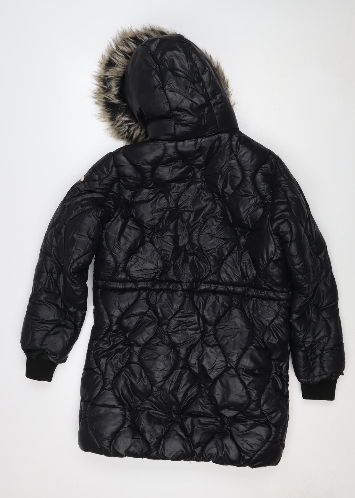 Next Girls Black 12 Years Puffer Coat Faux Fur Hood Quilted