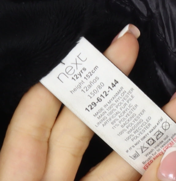 Next Girls Black 12 Years Puffer Coat Faux Fur Hood Quilted