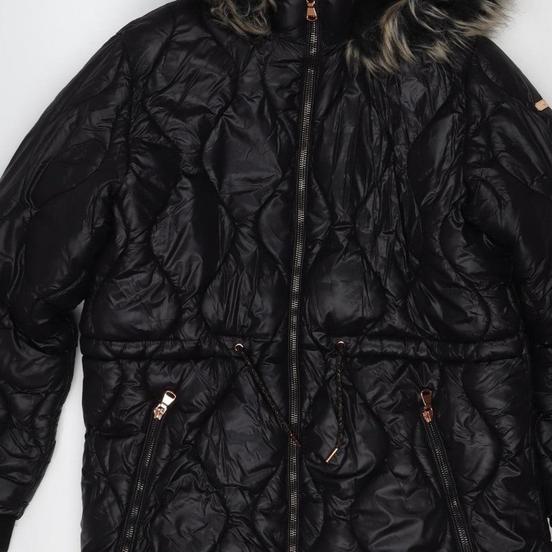 Next Girls Black 12 Years Puffer Coat Faux Fur Hood Quilted