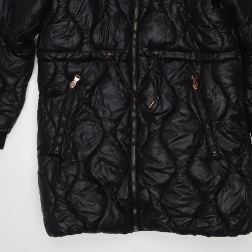 Next Girls Black 12 Years Puffer Coat Faux Fur Hood Quilted